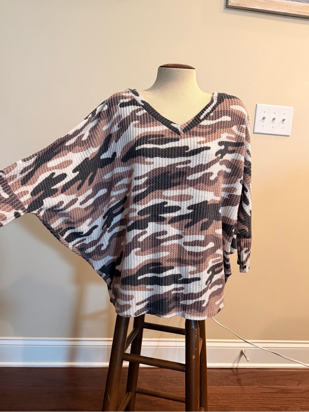 Camo Print Knit Top Brown Black Oversized V Neck